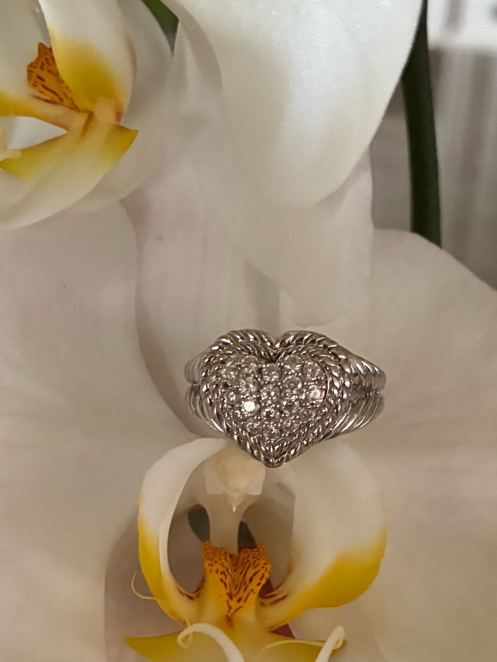 Judith Ripka Heart Shaped Sterling Silver Ring w/ Pave Cubic Zirconia  Size 8